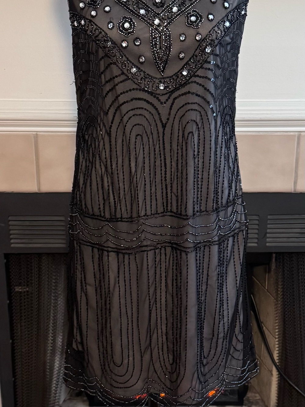 Marina Flapper Gray & Black Style Dress with Black Beading and “Crystal” Accents